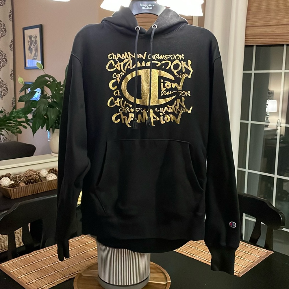 Champion black hoodie with Gold lettering